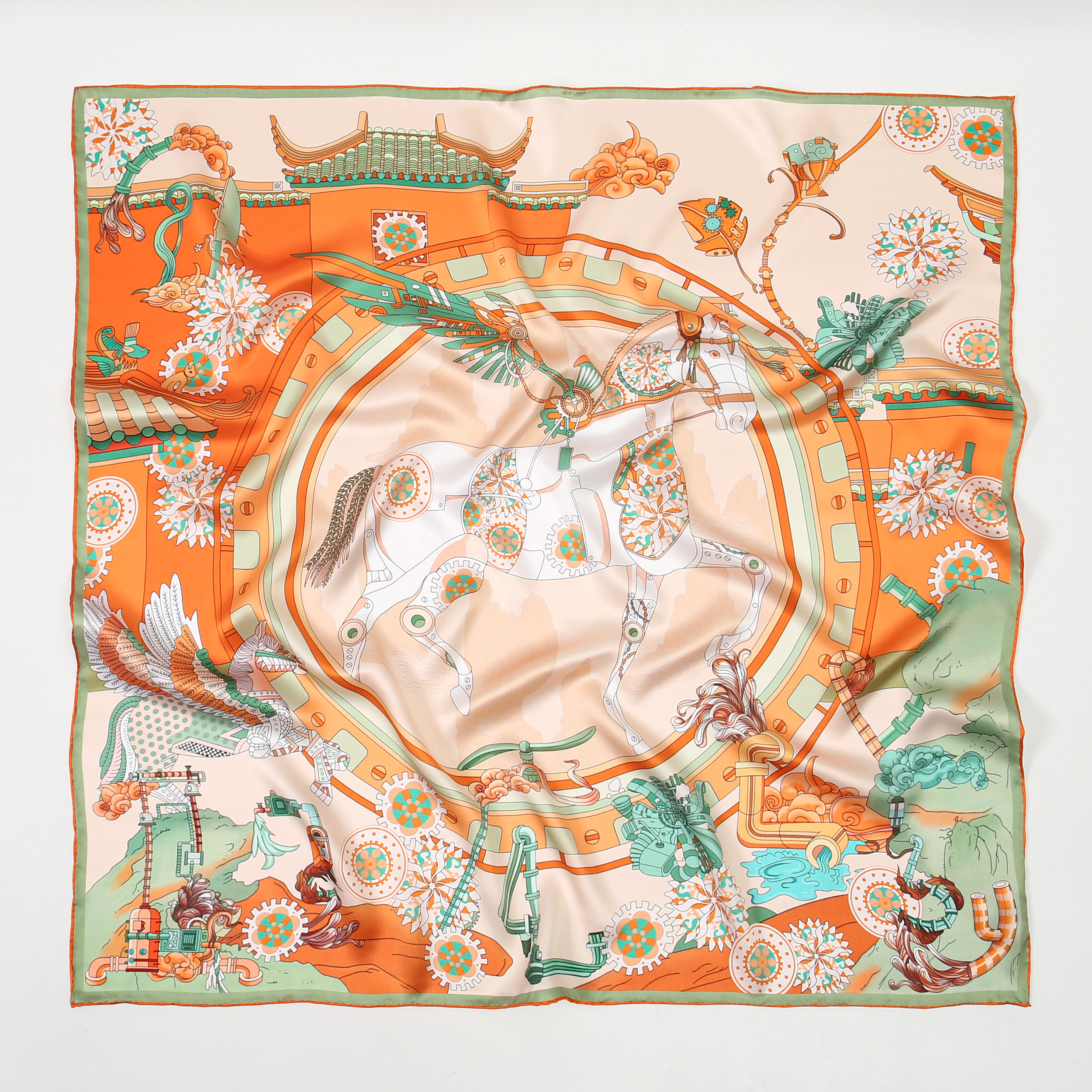 Orange Mint Equestrian Illustrated Silk Scarf